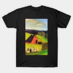 Colourful oil painting of a farm with sheep T-Shirt